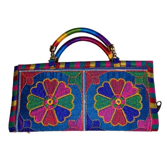 Handbags - Womens Small Rainbow Colored Embroidered Floral Top Handle Bag Purse Boho